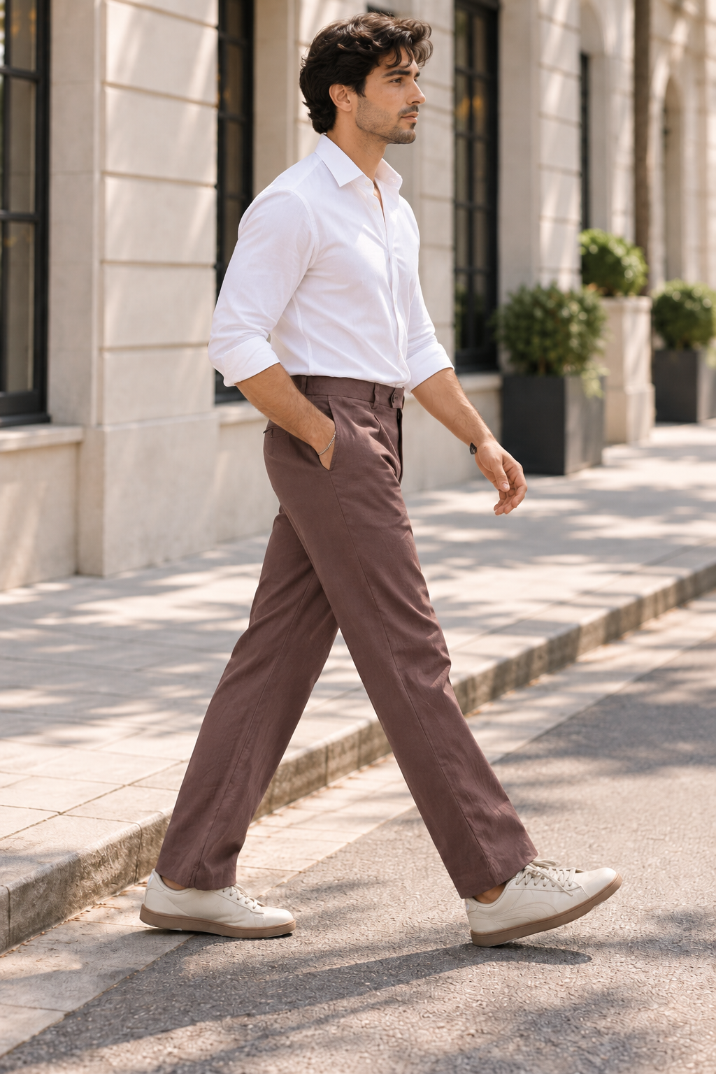 Relaxed Fit Cotton Linen Brown Pant