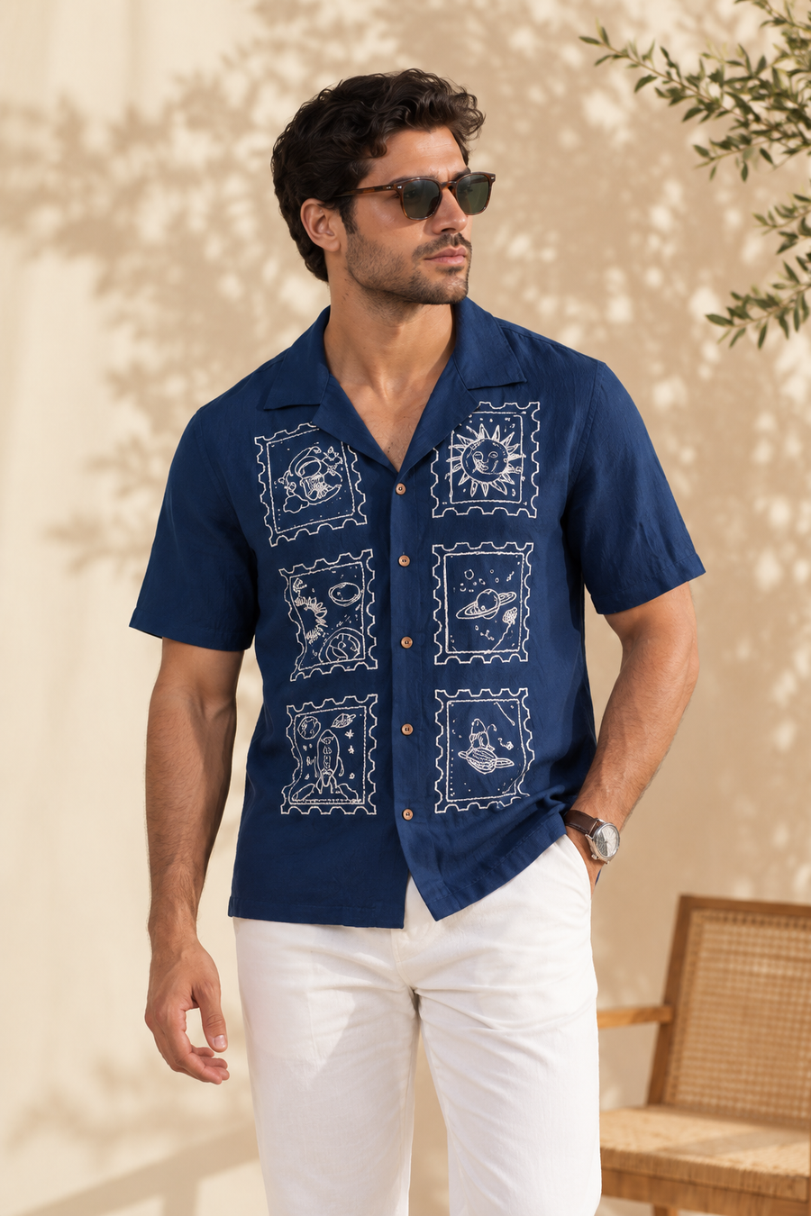 Navy Blue Universe Embroidery Cotton Viscose Flex Shirt