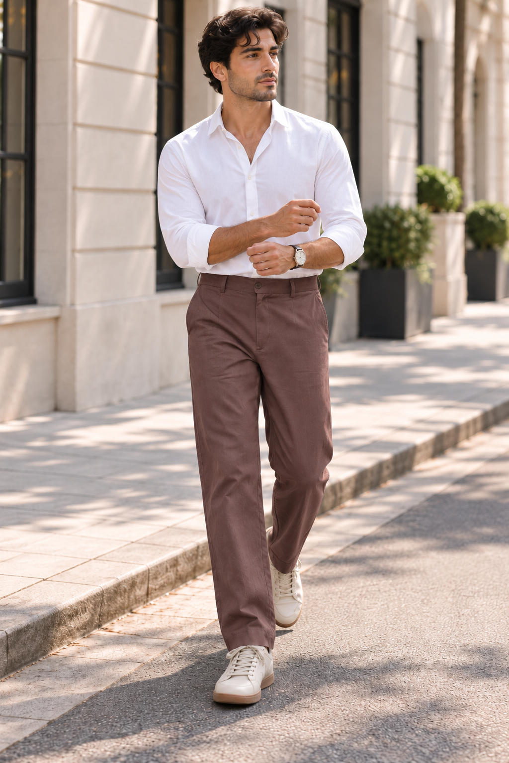 Relaxed Fit Cotton Linen Brown Pant
