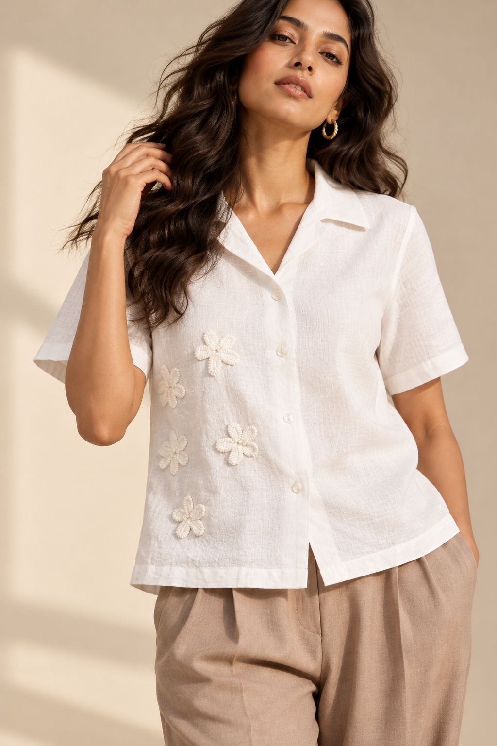 Cotton Linen Floral Embroidery Shirt