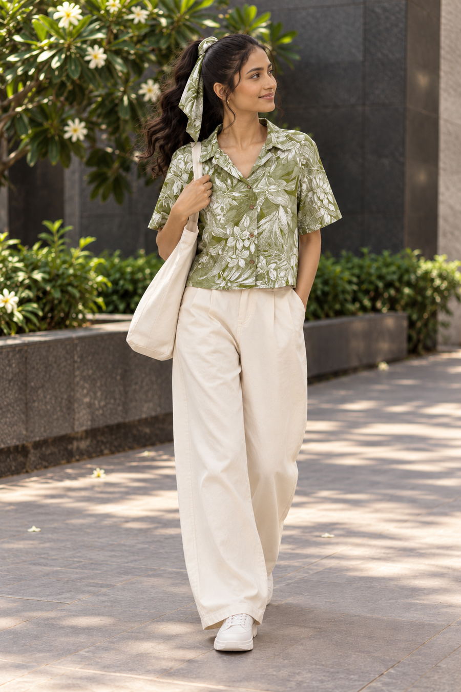 Green Botanical Print Slub Viscose Shirt for Women